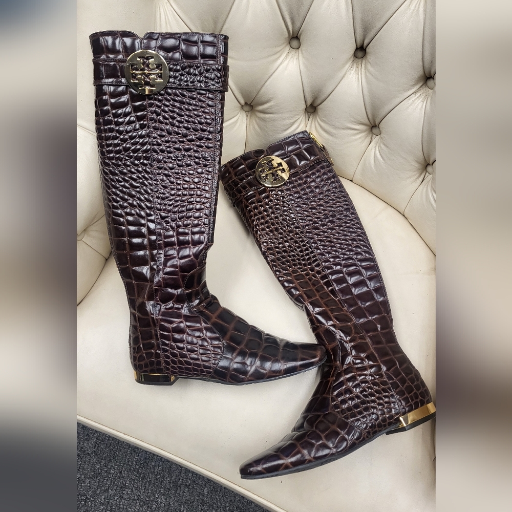Tory Burch Croc Embossed Leather Knee High Riding Boots - Size 5